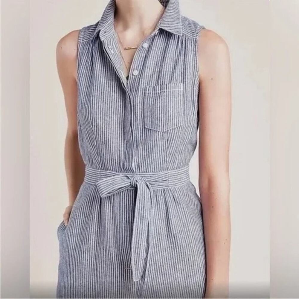 Anthropologie Women's Blue & White Railroad Stripe Collared Romper Size 4 - Picture 2 of 12